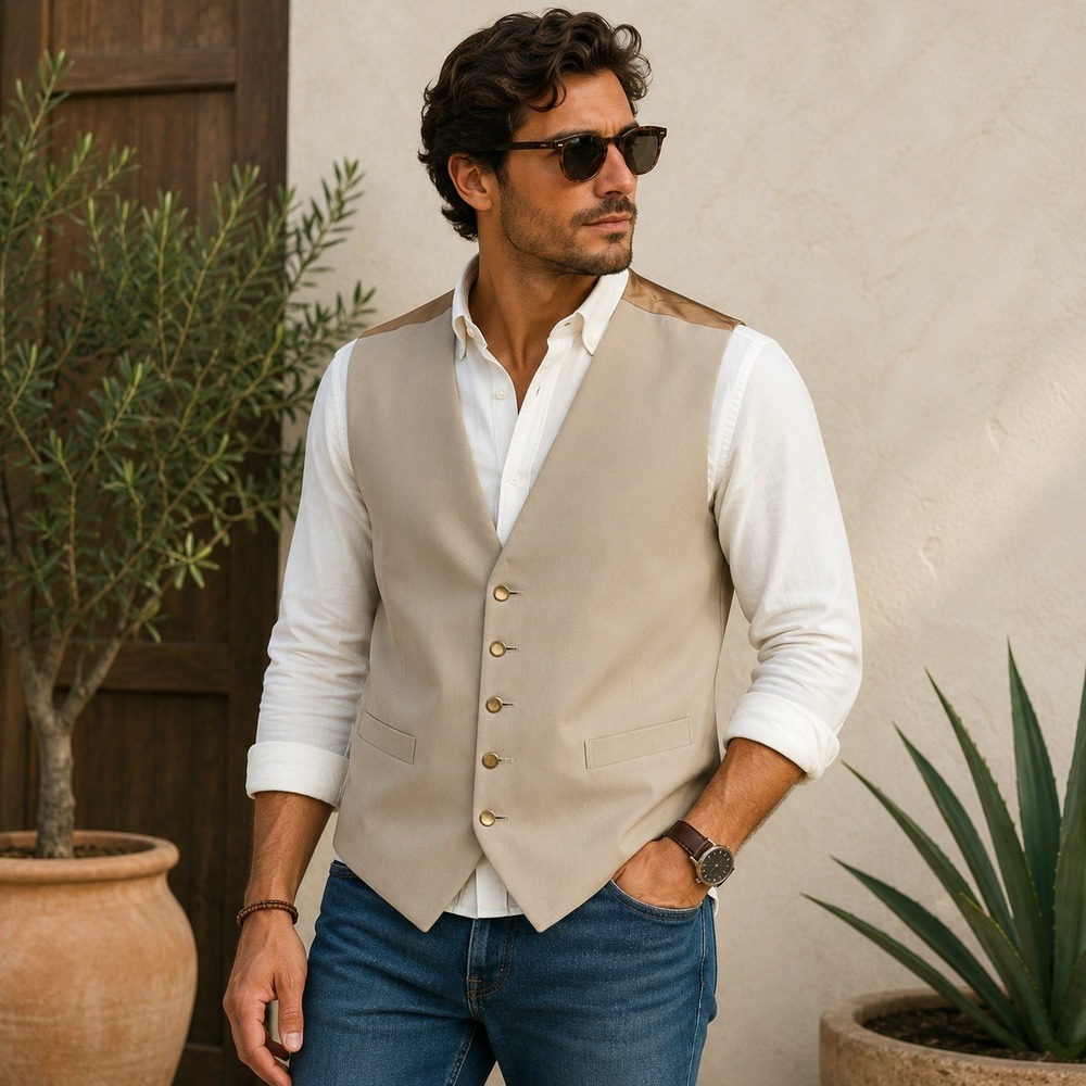 Frederick Theak Mens Tan Formal Waistcoat Vest Made in England Gold Buttons XXL